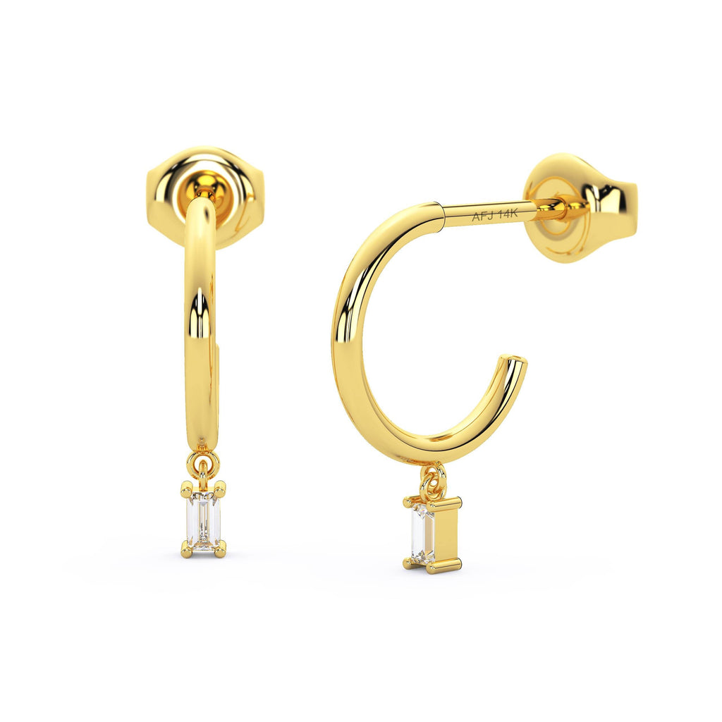 Dangling Baguette Hoop Earrings / 14k Gold Dangling Baguette Diamond Hoop Earrings / Baguette Huggies / Birthday Gift