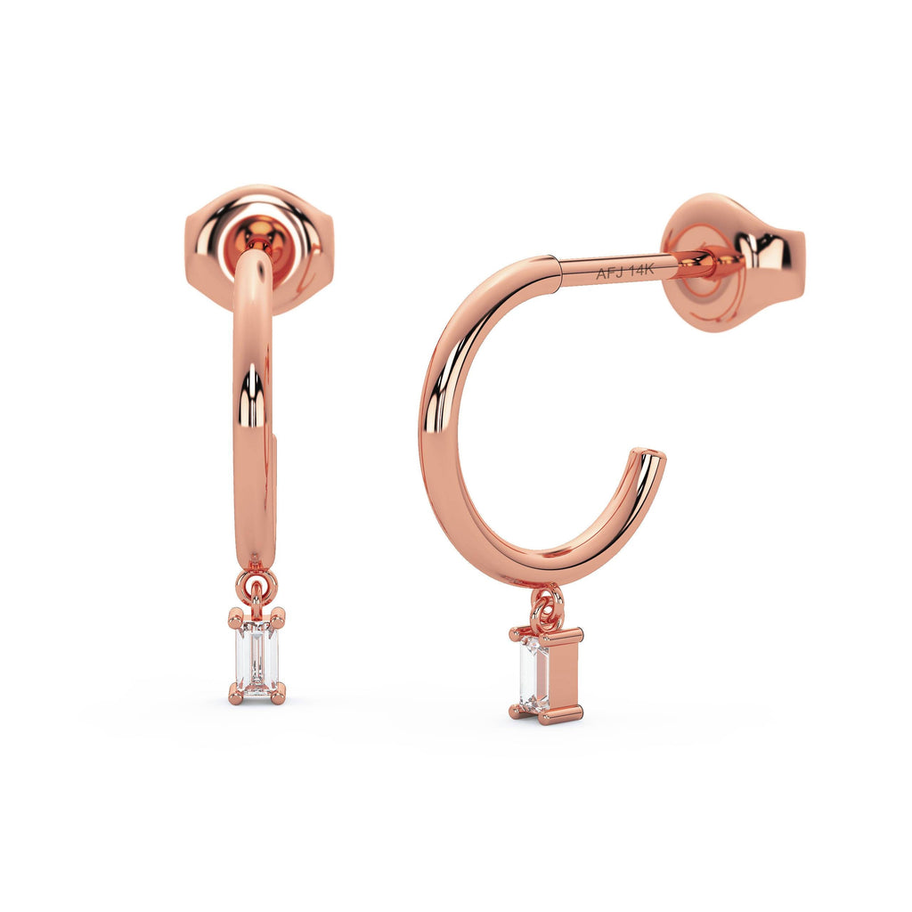 Dangling Baguette Hoop Earrings / 14k Gold Dangling Baguette Diamond Hoop Earrings / Baguette Huggies / Birthday Gift