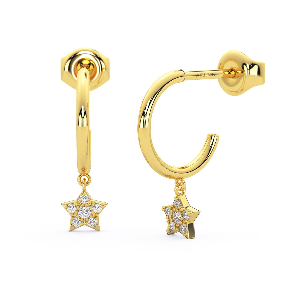 Diamond Hoop Earrings / 14k Dangling Diamond Hoop Earrings / Star Charm Huggies / Birthday Gift / Graduation Gift / Bridal Gift