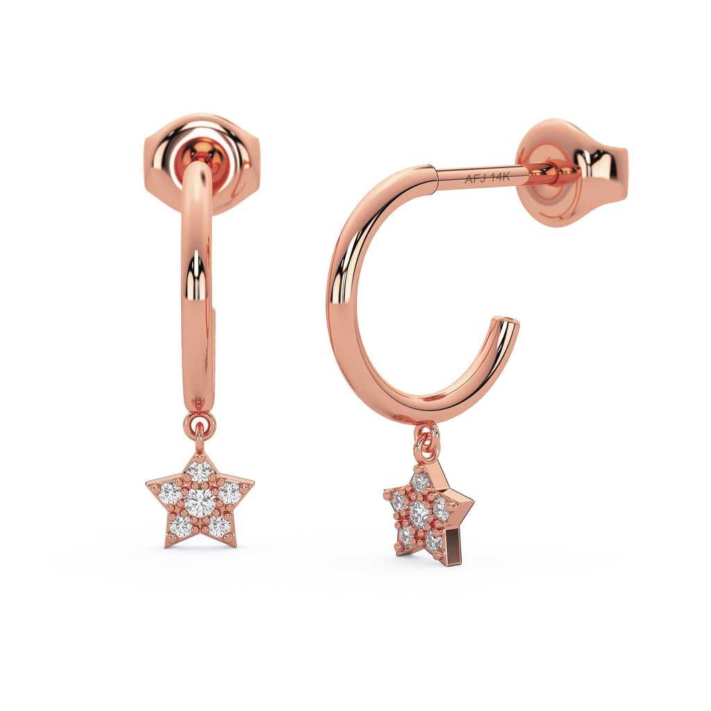 Diamond Hoop Earrings / 14k Dangling Diamond Hoop Earrings / Star Charm Huggies / Birthday Gift / Graduation Gift / Bridal Gift