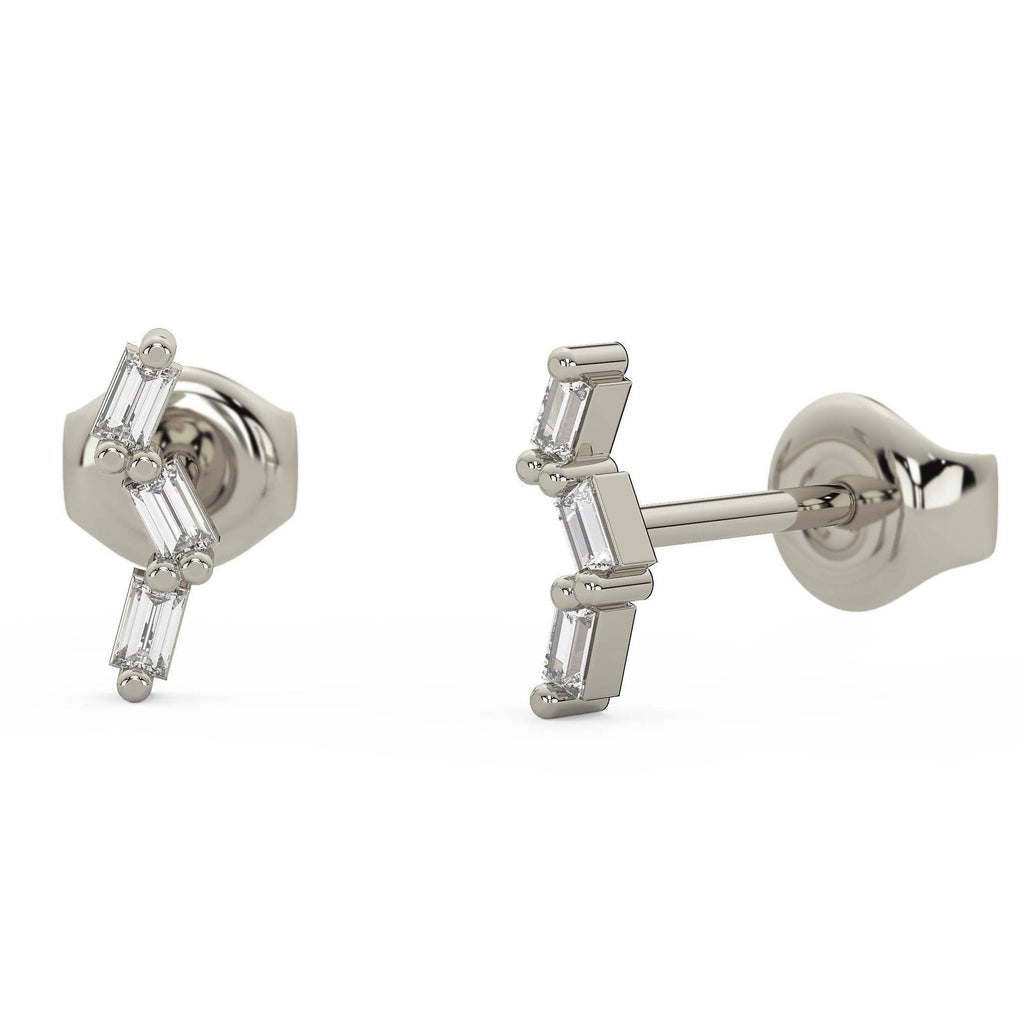14k Gold Baguette Diamond Bar Studs: Tilted Minimalist Earrings