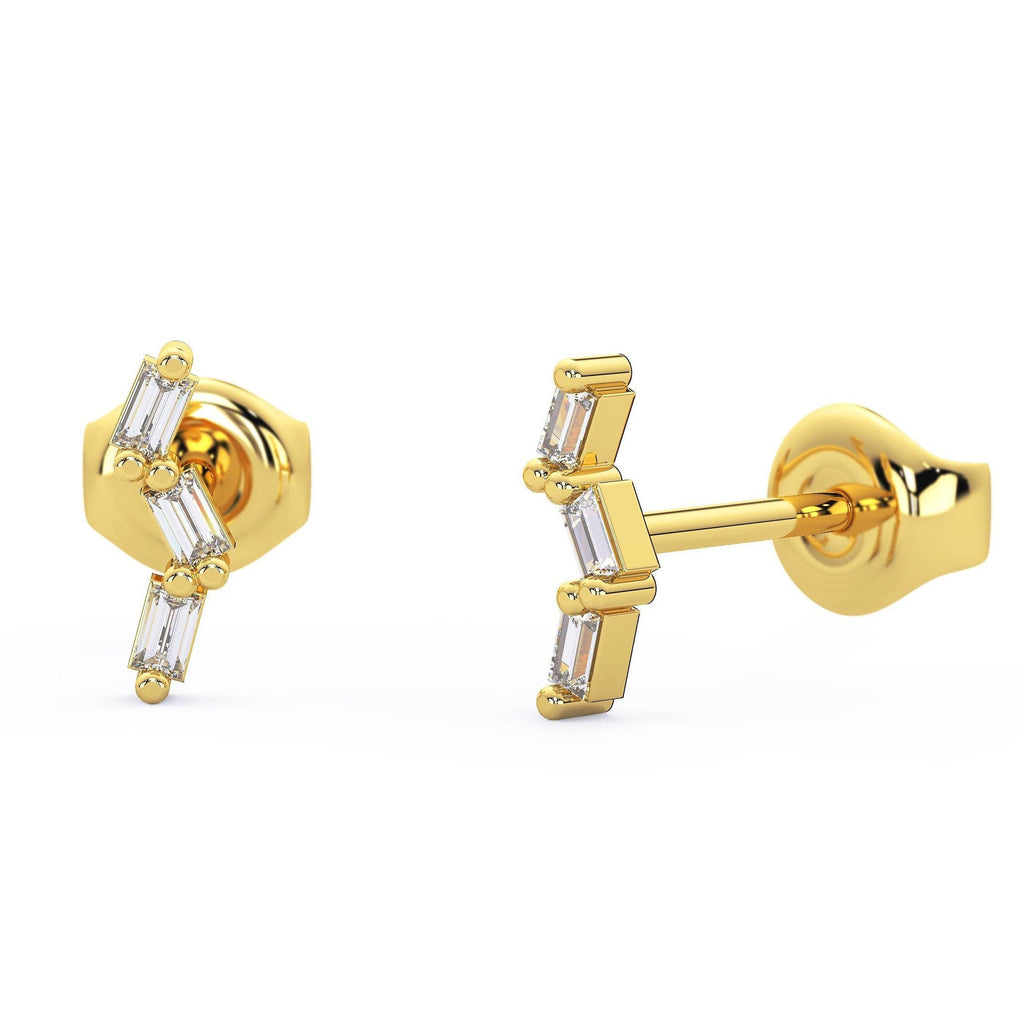 14k Gold Baguette Diamond Bar Studs: Tilted Minimalist Earrings