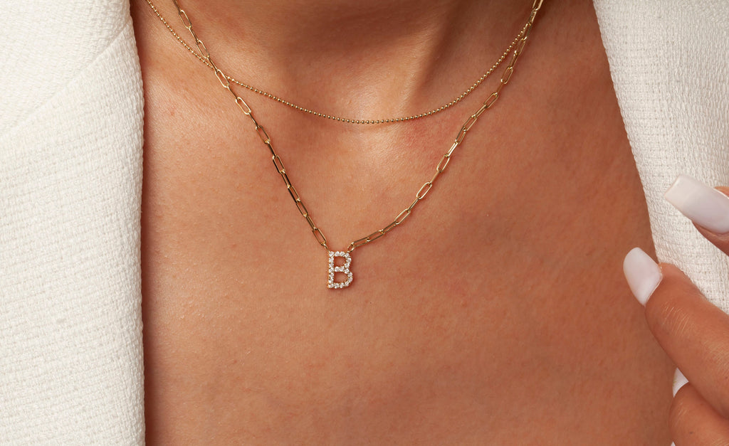 Diamond Initial Necklace / 14k Gold and Diamond Initial Necklace with paperclip chain / Personalized Necklace / Birthday Gift