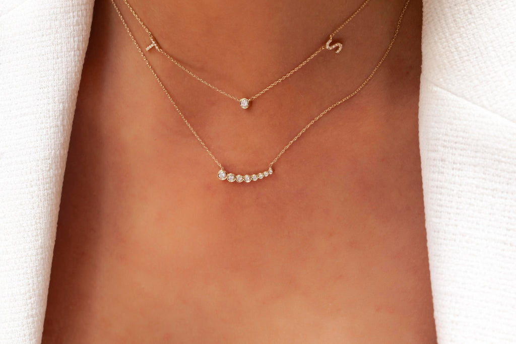 Diamond Initial Necklace / 14k Gold Diamond Double Initial Necklace with Solitaire Bezel Diamond / Birthday Gift / Graduation Gift