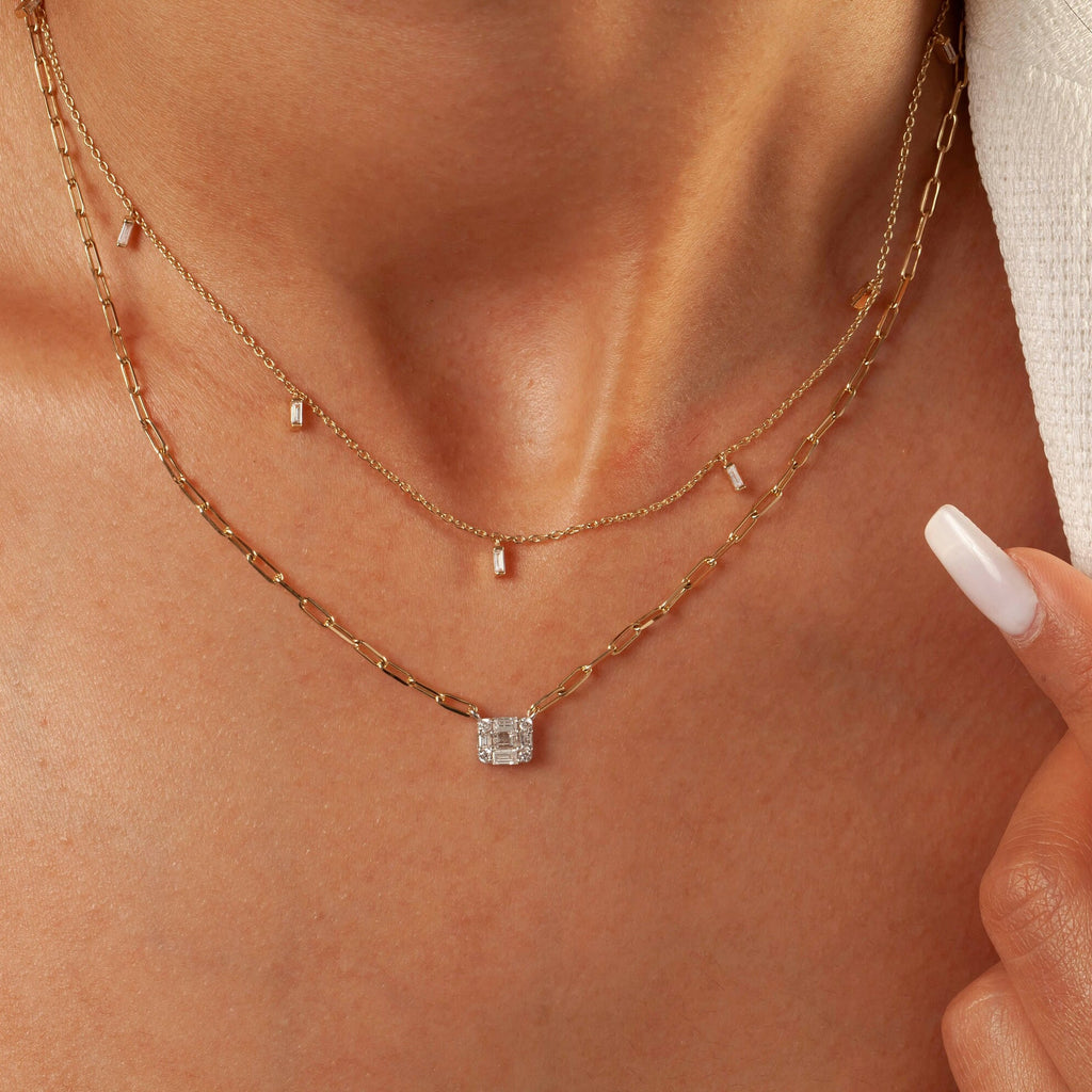 Diamond Station Necklace / 14k Gold and Baguette Diamond Station Necklace / Dainty Diamond Necklace / Layering Necklace