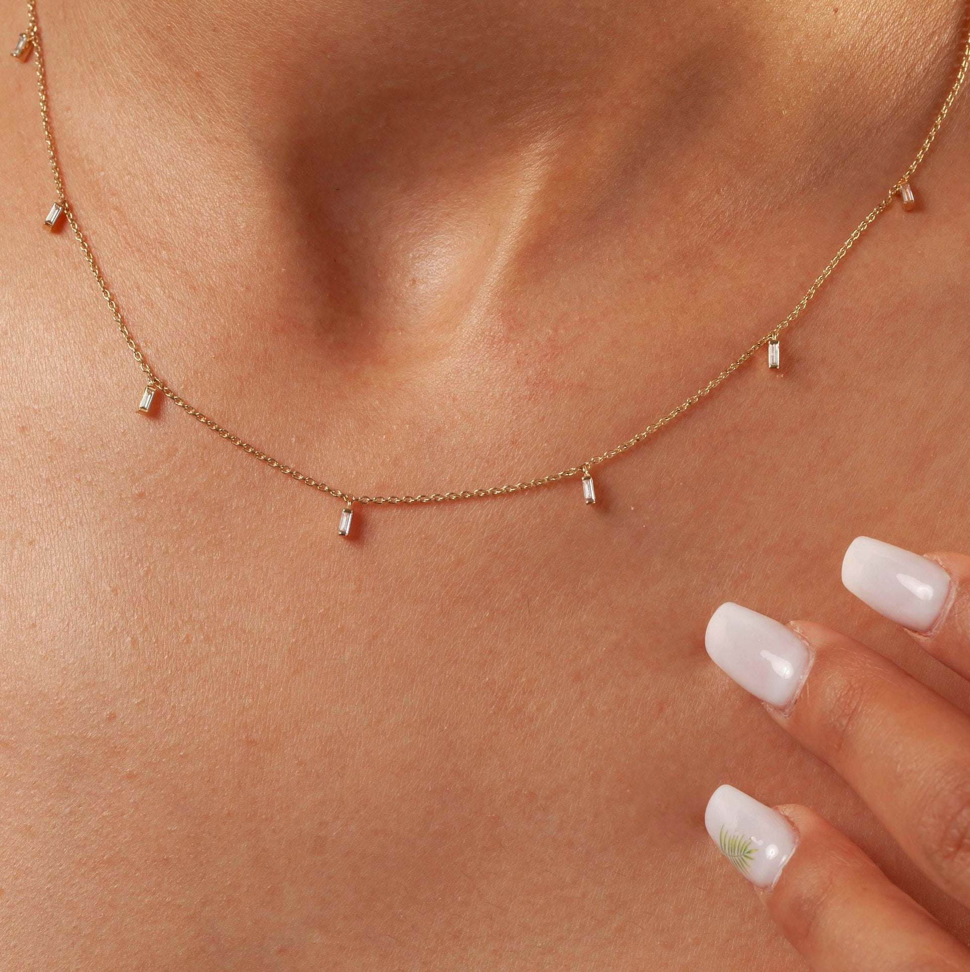 Diamond Station Necklace / 14k Gold and Baguette Diamond Station Necklace / Dainty Diamond Necklace / Layering Necklace