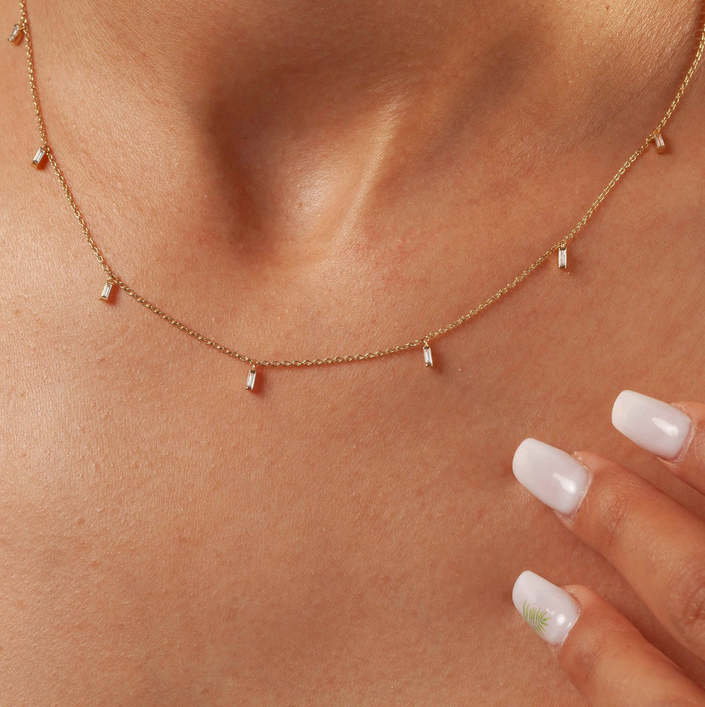 Diamond Station Necklace / 14k Gold and Baguette Diamond Station Necklace / Dainty Diamond Necklace / Layering Necklace