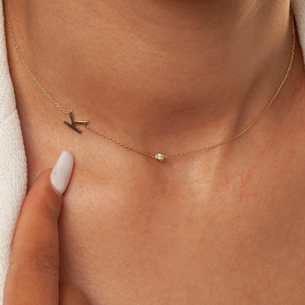 Diamond Initial Necklace / 14k Gold and Diamond Sideway Initial Necklace / Personalized Necklace / Graduation Gift / Bridal Gift