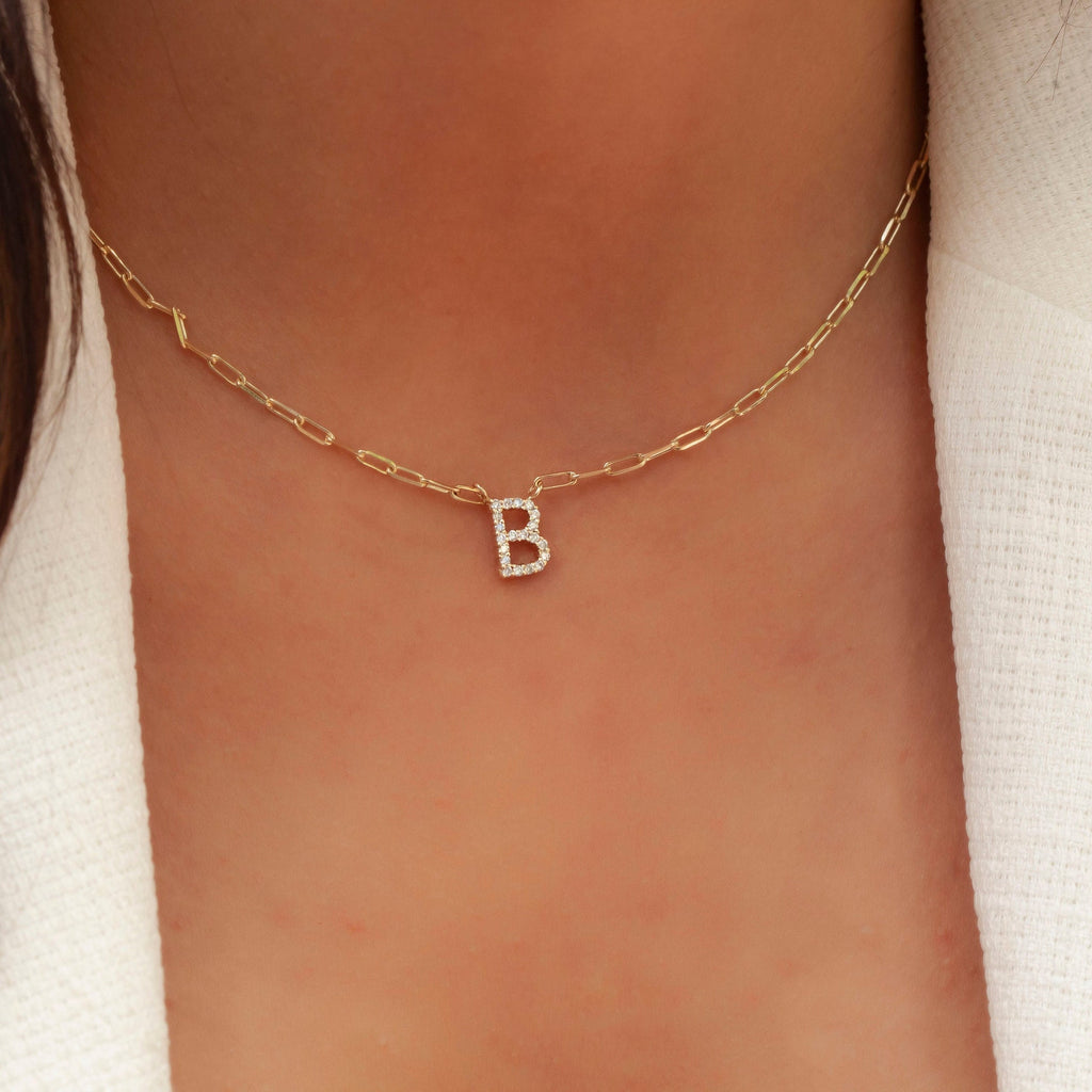 Diamond Initial Necklace / 14k Gold and Diamond Initial Necklace with paperclip chain / Personalized Necklace / Birthday Gift