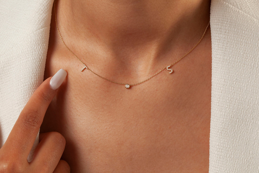 Diamond Initial Necklace / 14k Gold Diamond Double Initial Necklace with Solitaire Bezel Diamond / Birthday Gift / Graduation Gift