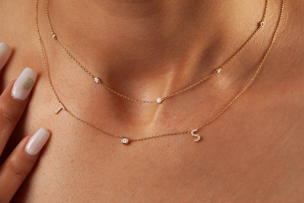 Diamond Initial Necklace / 14k Gold Diamond Double Initial Necklace with Solitaire Bezel Diamond / Birthday Gift / Graduation Gift