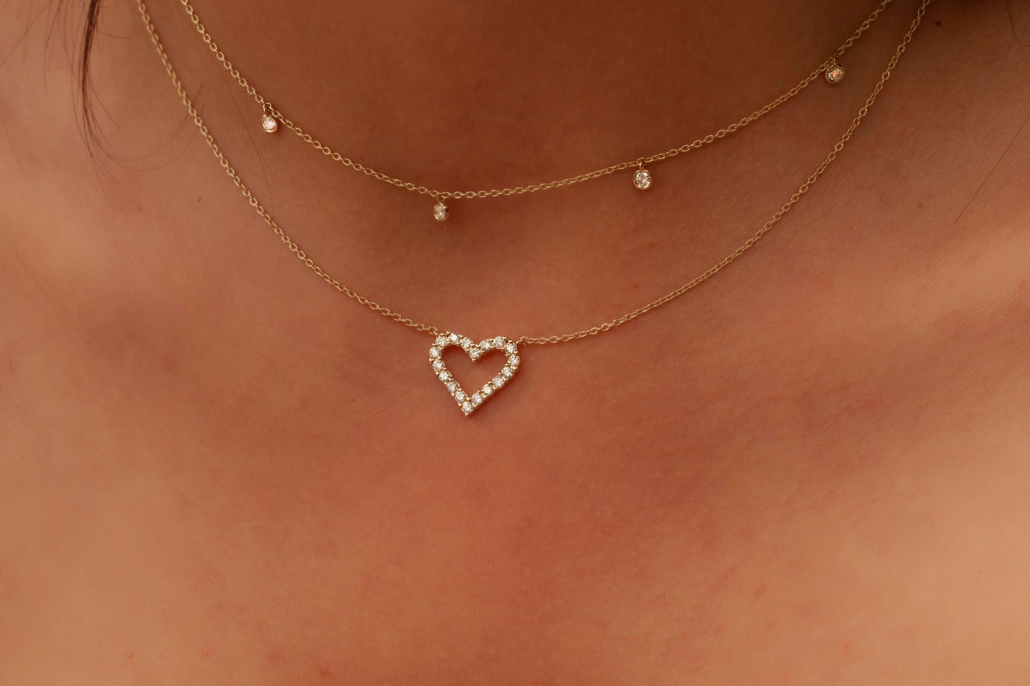 14k Gold and Solitaire Heart Diamond Necklace