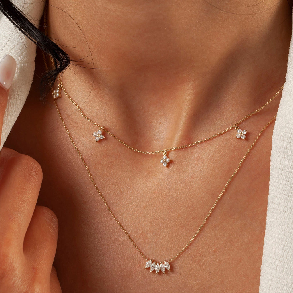 Diamond Station Necklace / 14k Gold Clover Station Necklace / Dainty Charm Necklace / Minimalistic Station Necklace / Bridal Gift