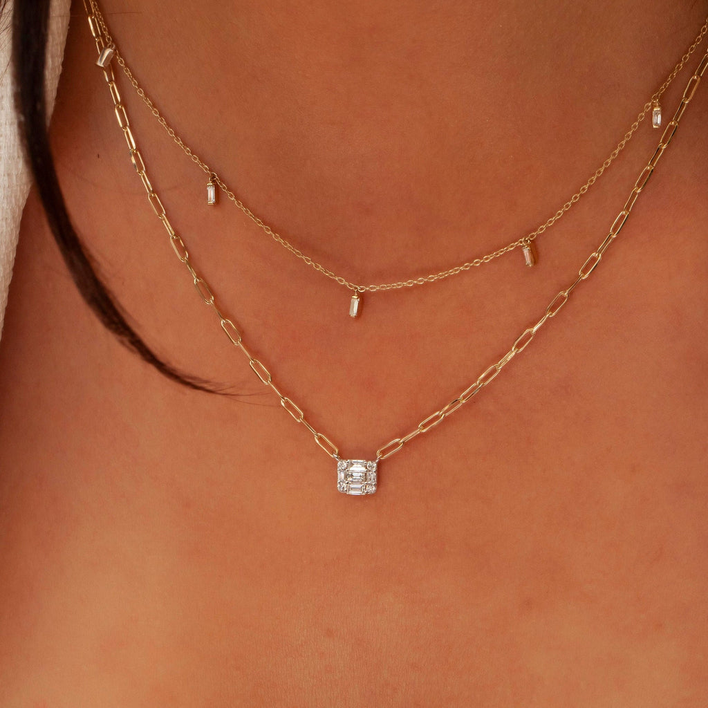Baguette Diamond Necklace / 14k Gold Diamond Baguette Layer Necklace / Paperclip Chain Necklace / Diamond Birthday Gift