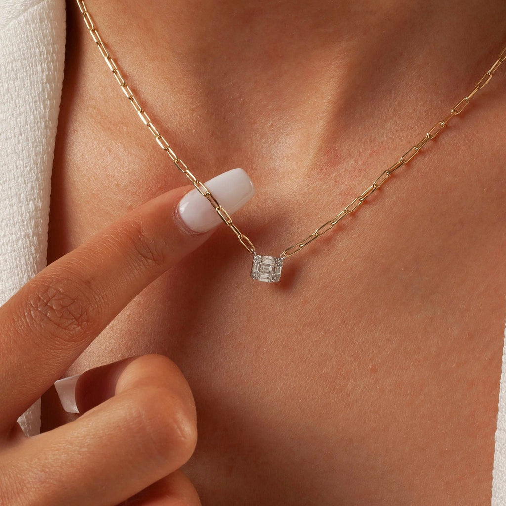 Baguette Diamond Necklace / 14k Gold Diamond Baguette Layer Necklace / Paperclip Chain Necklace / Diamond Birthday Gift