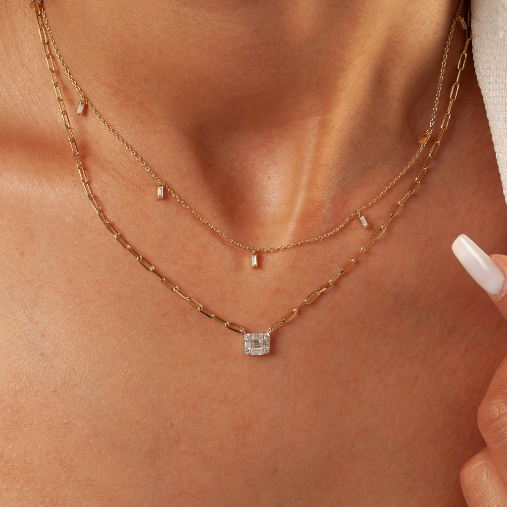 Baguette Diamond Necklace / 14k Gold Diamond Baguette Layer Necklace / Paperclip Chain Necklace / Diamond Birthday Gift