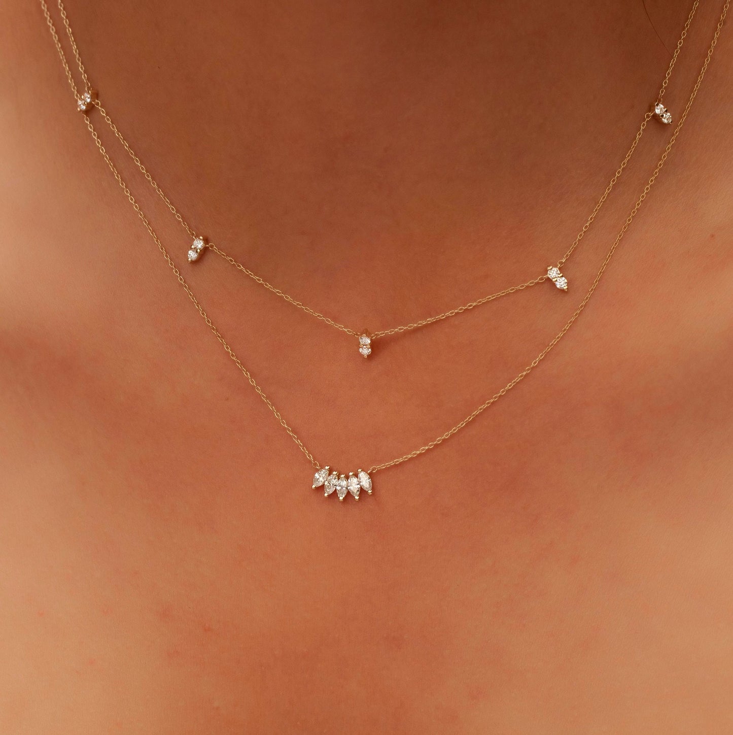 Diamond Spike Station Necklace / 14k Gold Diamond Station Necklace / Dainty Diamond Necklace / Diamond Layering Necklace