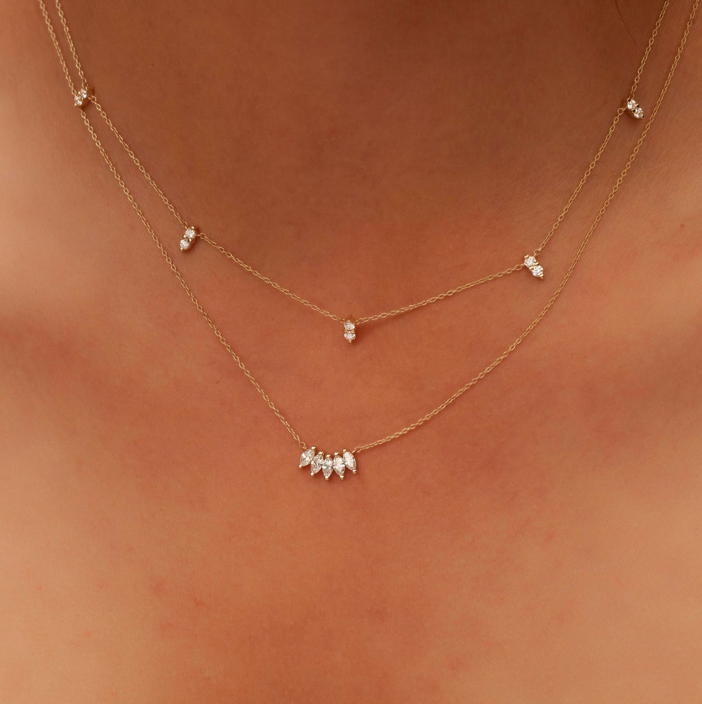 Diamond Spike Station Necklace / 14k Gold Diamond Station Necklace / Dainty Diamond Necklace / Diamond Layering Necklace