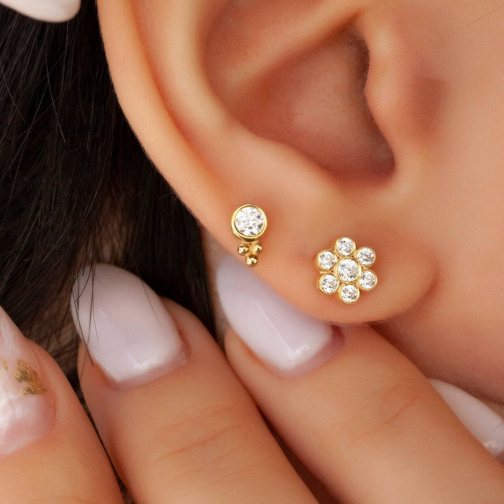 Diamond Studs / 14k Gold Diamond Trio Stud Earrings / Anniversary Gift / Birthday Gift / Graduation Gift / Bridal Gift / Diamond Gift Ideas