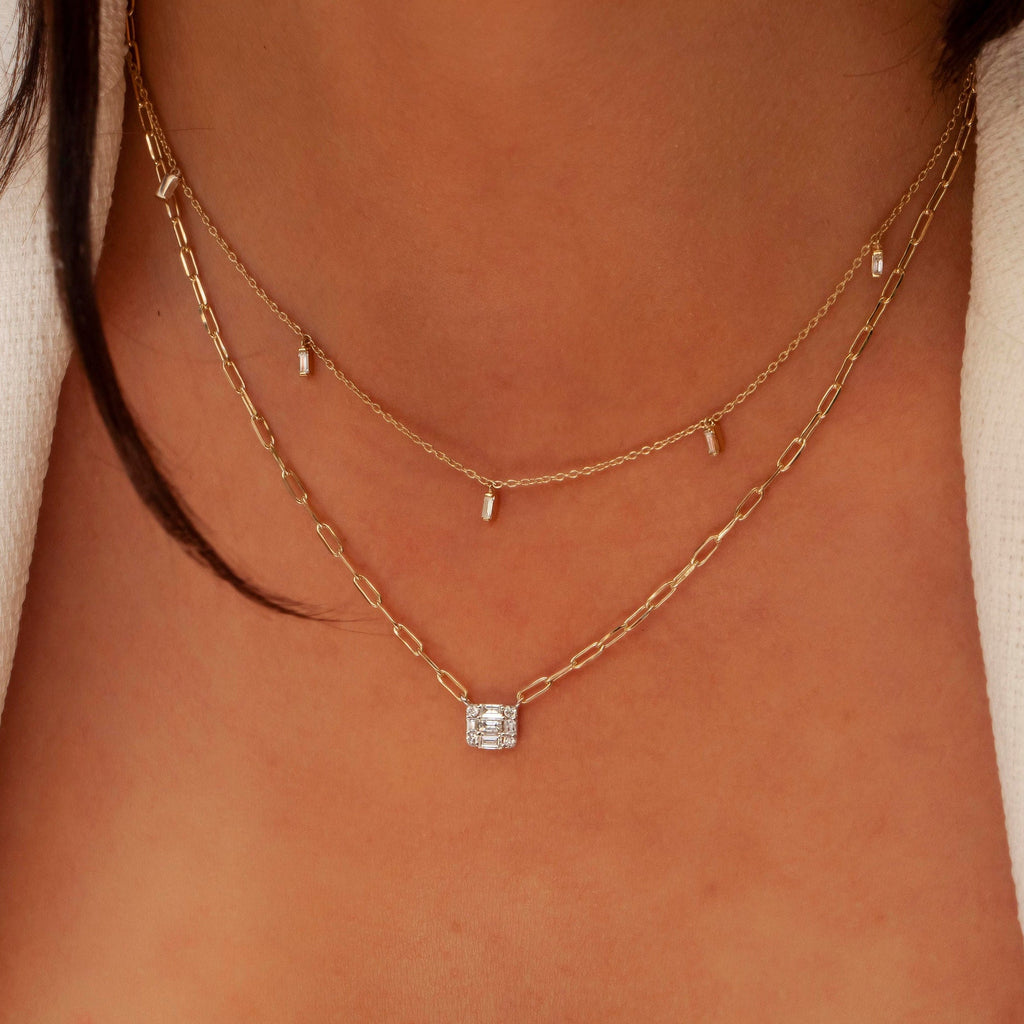 Diamond Station Necklace / 14k Gold and Baguette Diamond Station Necklace / Dainty Diamond Necklace / Layering Necklace