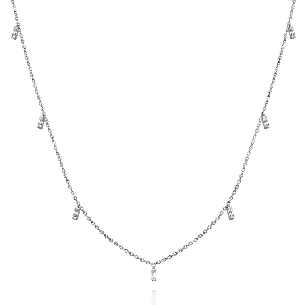 Diamond Station Necklace / 14k Gold and Baguette Diamond Station Necklace / Dainty Diamond Necklace / Layering Necklace