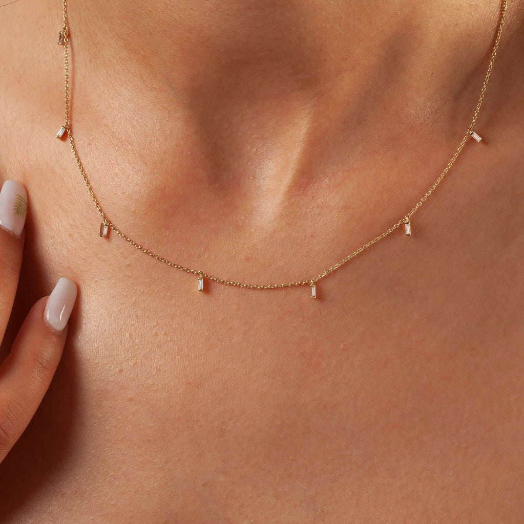 Diamond Station Necklace / 14k Gold and Baguette Diamond Station Necklace / Dainty Diamond Necklace / Layering Necklace