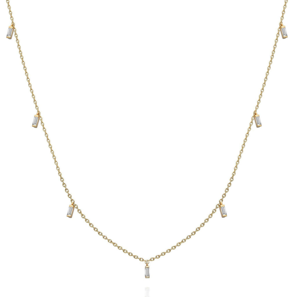 Diamond Station Necklace / 14k Gold and Baguette Diamond Station Necklace / Dainty Diamond Necklace / Layering Necklace