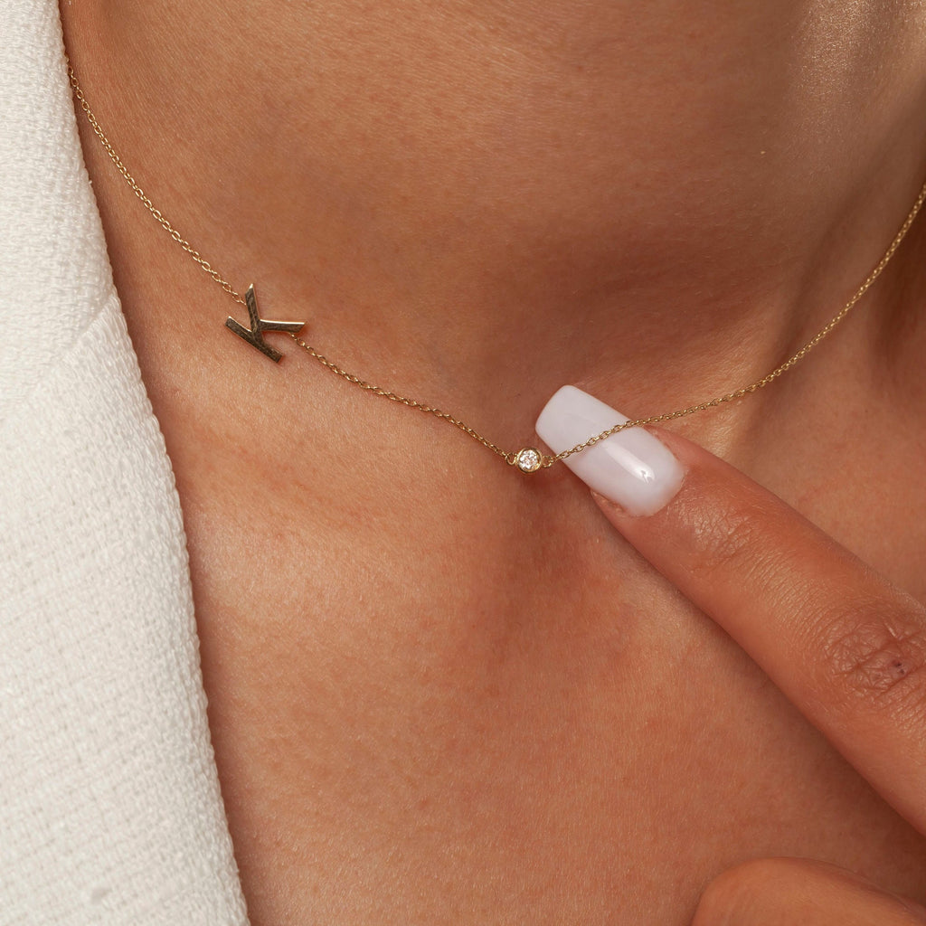 Diamond Initial Necklace / 14k Gold and Diamond Sideway Initial Necklace / Personalized Necklace / Graduation Gift / Bridal Gift