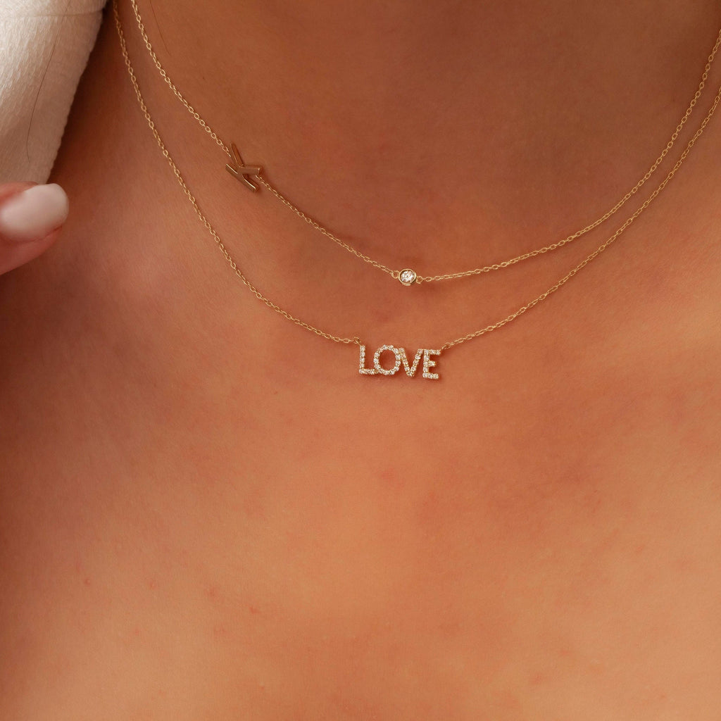 Diamond Initial Necklace / 14k Gold and Diamond Sideway Initial Necklace / Personalized Necklace / Graduation Gift / Bridal Gift