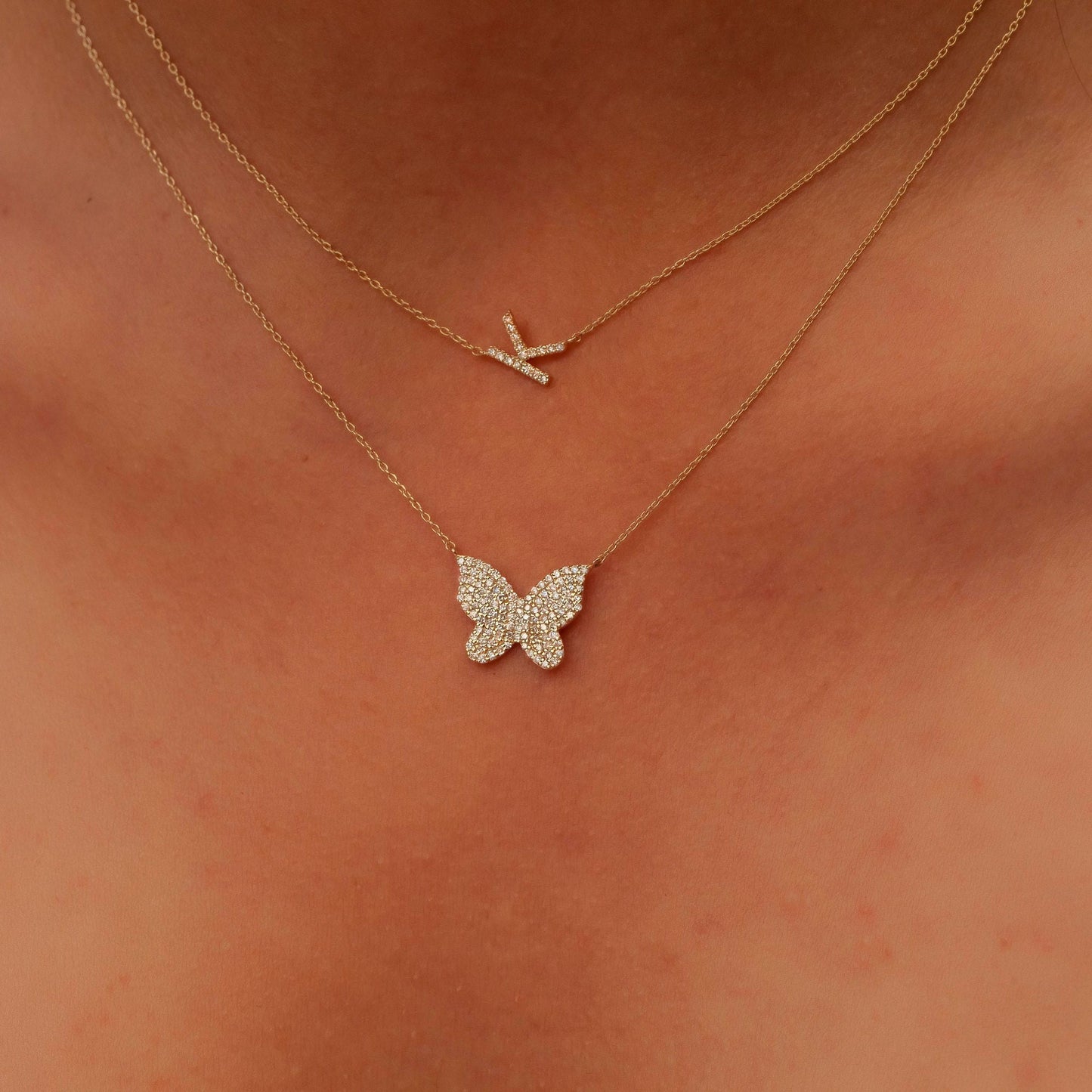 Diamond Butterfly Necklace / 14k Diamond Pave Butterfly Necklace / Pave Diamond Charm Necklace / Graduation Gift / Birthday Gift
