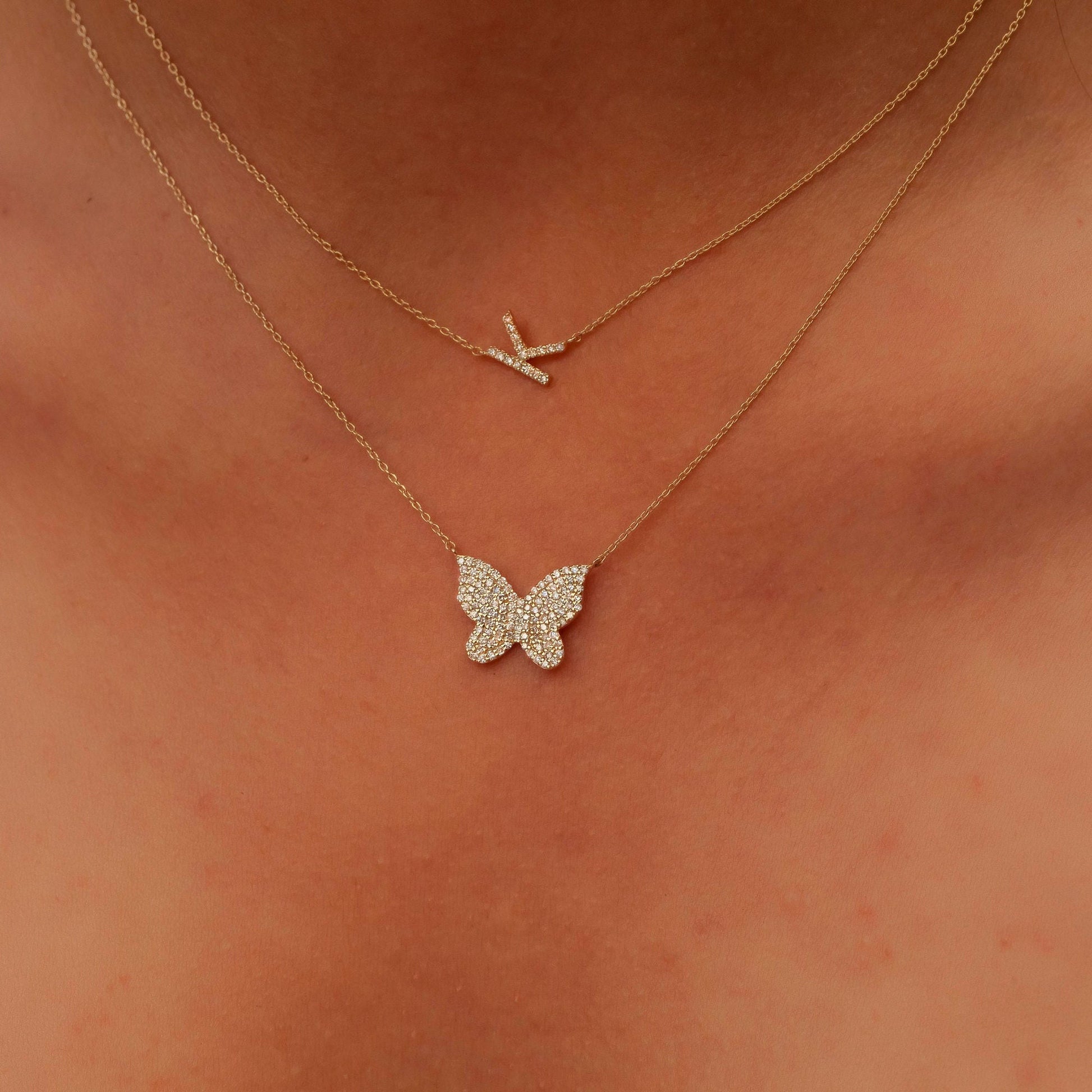 Diamond Butterfly Necklace / 14k Diamond Pave Butterfly Necklace / Pave Diamond Charm Necklace / Graduation Gift / Birthday Gift