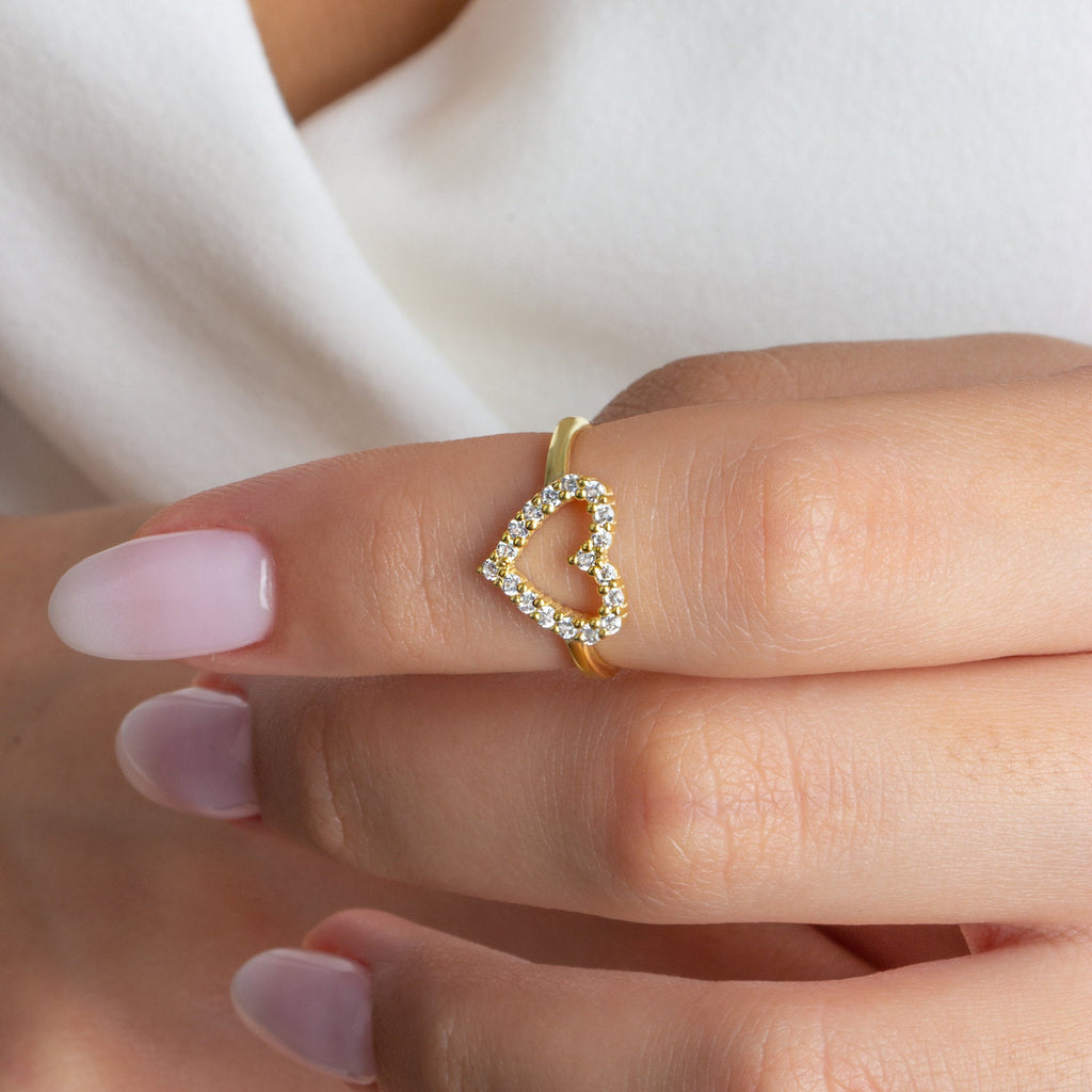 Diamond Heart Ring / 14k Gold Heart Stacking Band / Love Ring / Heart Ring / Dainty Heart Ring / Gift Ideas / Pave Open Heart Gold Ring