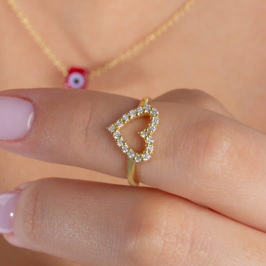 Diamond Heart Ring / 14k Gold Heart Stacking Band / Love Ring / Heart Ring / Dainty Heart Ring / Gift Ideas / Pave Open Heart Gold Ring