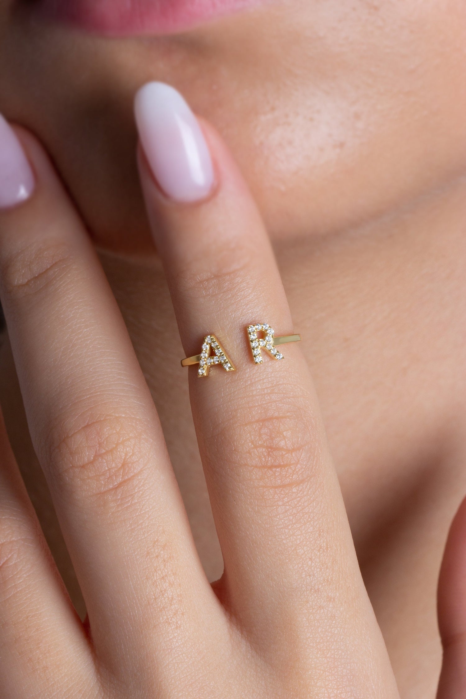 14k Gold Diamond Initial Ring / Diamond Stacking Ring / Initial Ring / Graduation Gift / Birthday Gift / Letter Rings / Open Cuff Ring