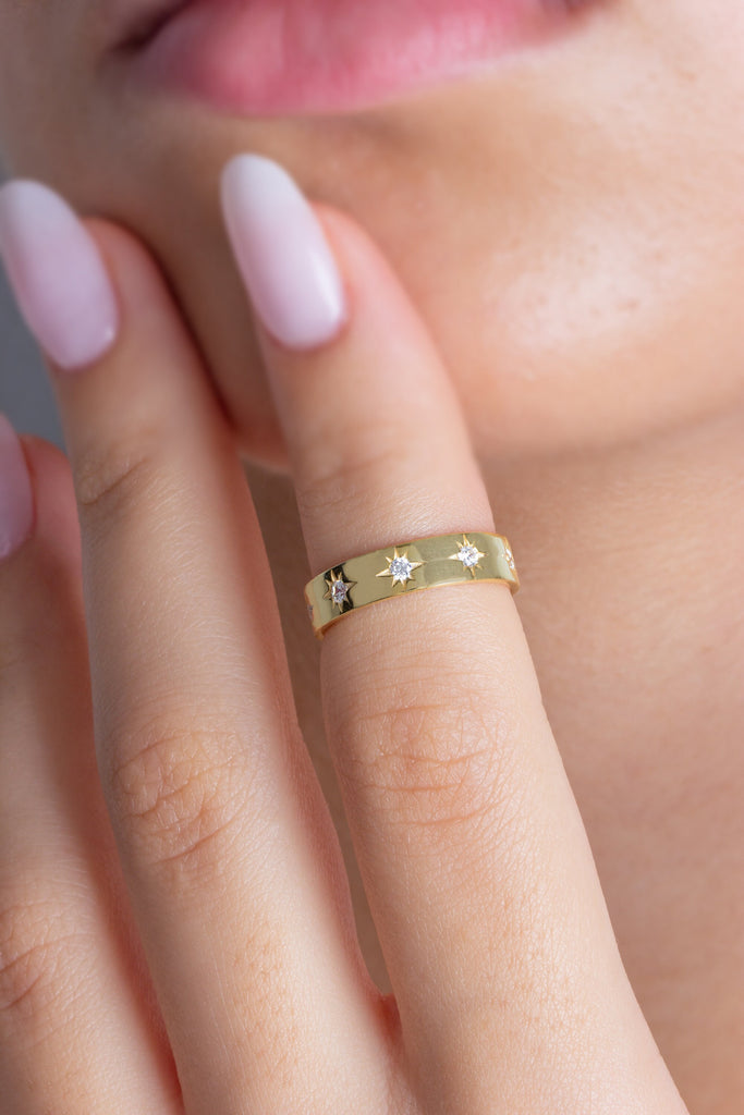 Engraved Star Diamond Stacking Ring