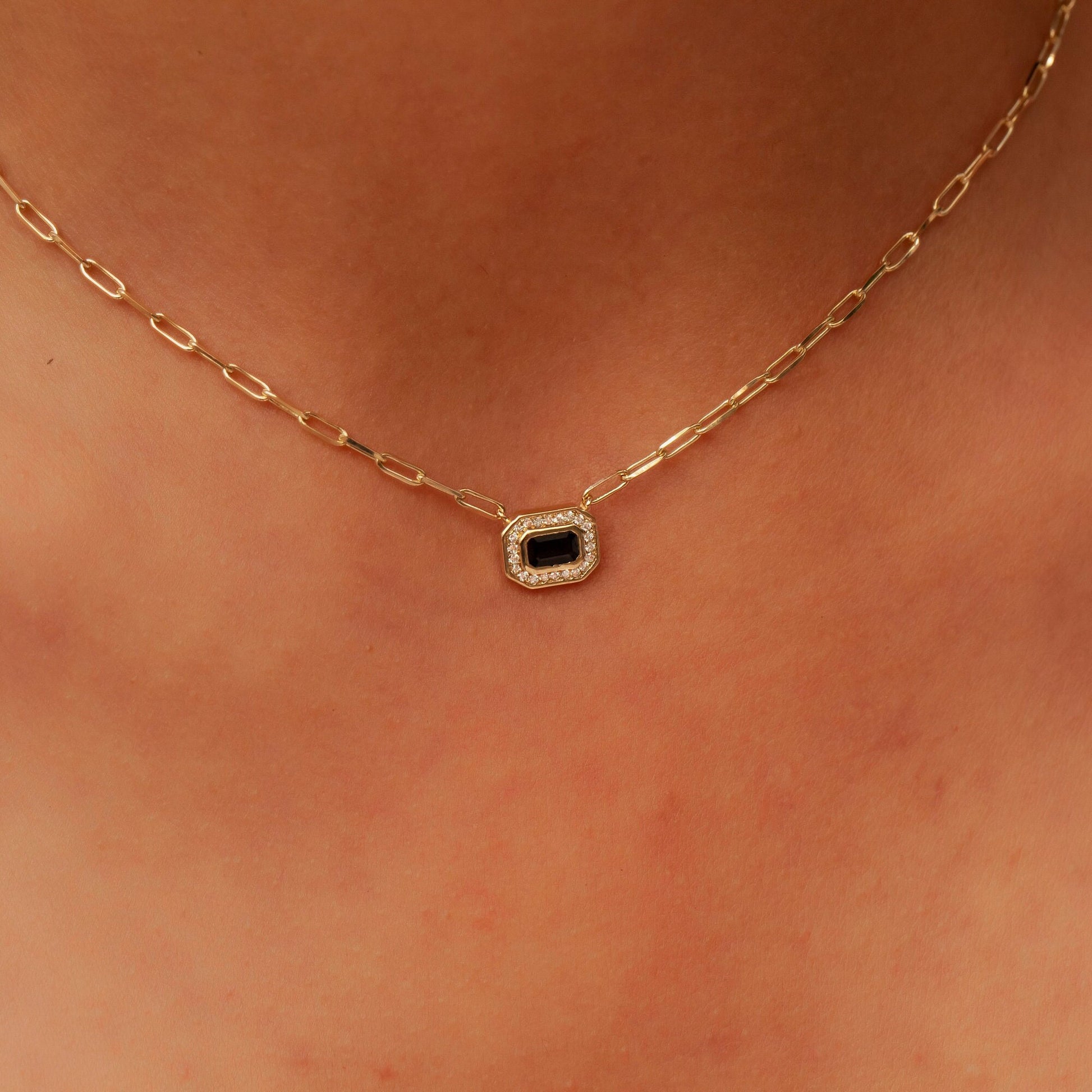 Diamond and Sapphire Necklace / 14k Gold Blue Sapphire and Diamond Art Deco Necklace / Fancy Diamond necklace / Octagon Shape Necklace