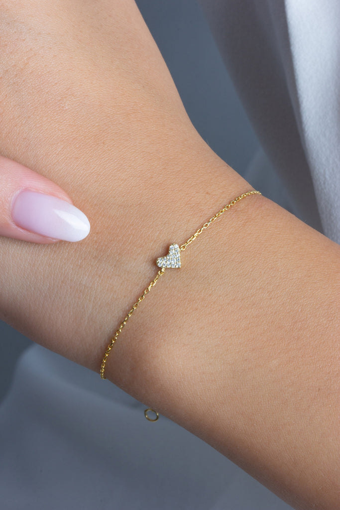 Diamond Heart Bracelet / 14k Diamond Heart Bracelet / Dainty Heart Bracelet / Holiday Gift