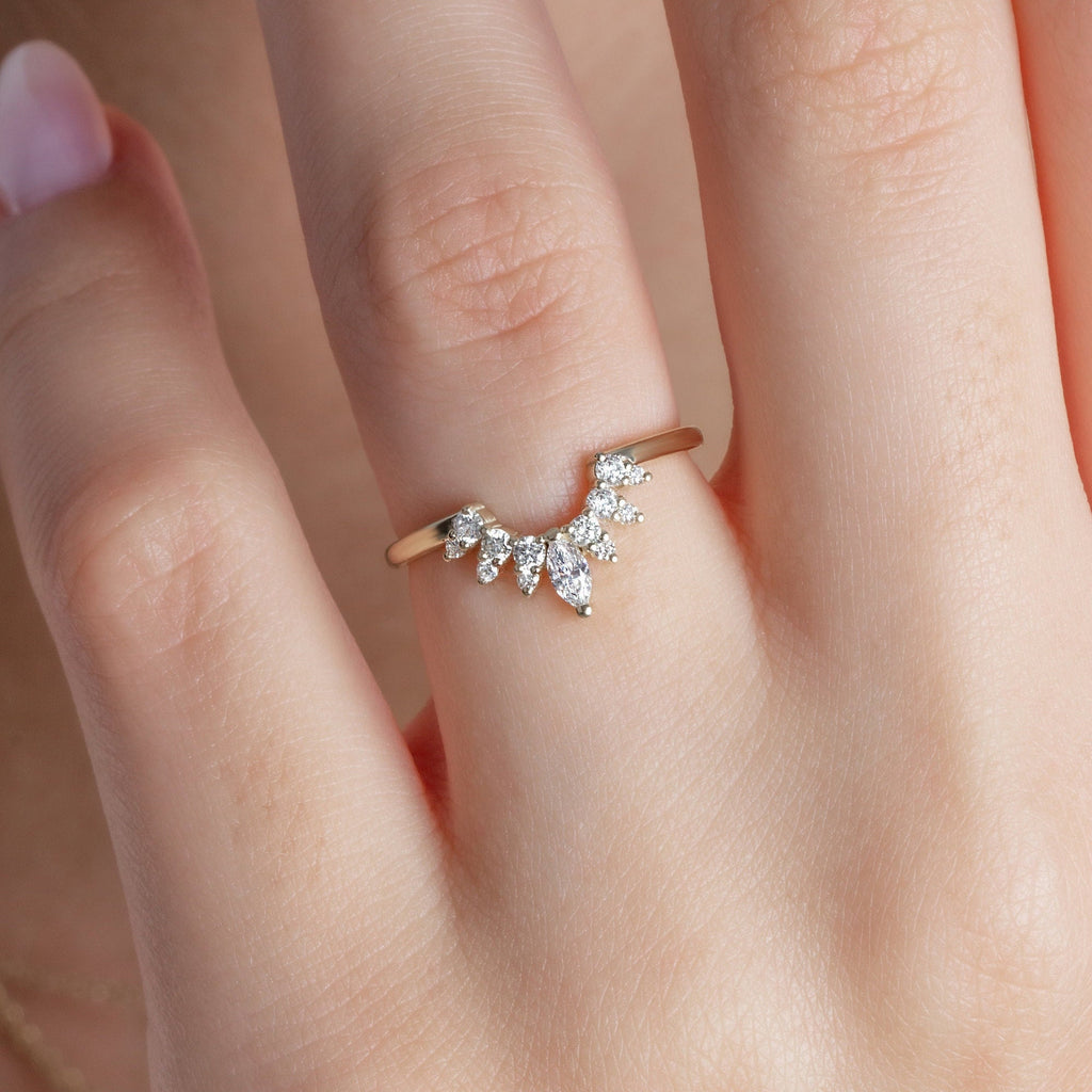 Curved Diamond Wedding Band / 14k Gold Marquise and Round Diamond Nesting Ring / Curved Stacking Ring / Diamond Anniversary Gift Idea