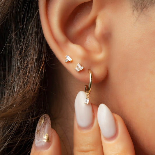 Dangling Baguette Hoop Earrings / 14k Gold Dangling Baguette Diamond Hoop Earrings / Baguette Huggies / Birthday Gift