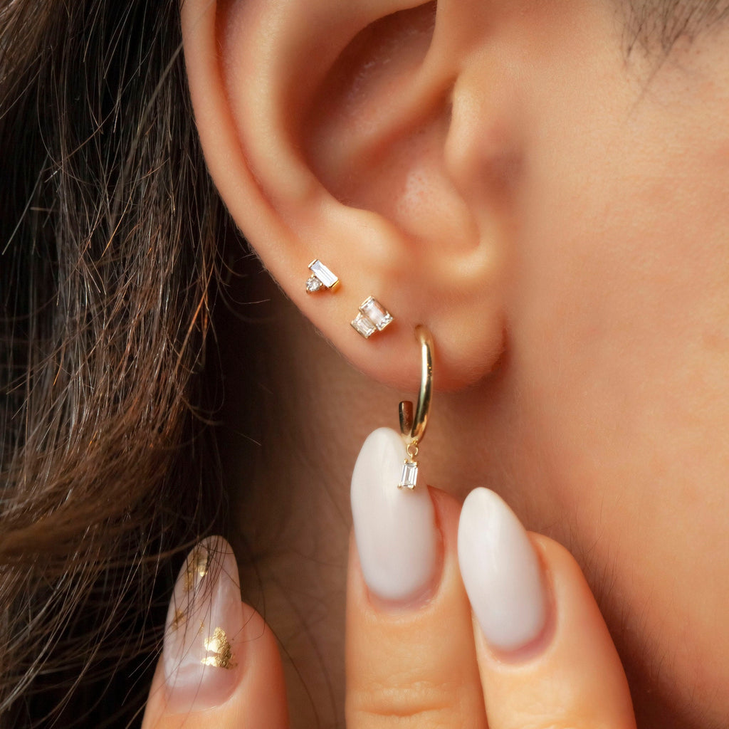 Dangling Baguette Hoop Earrings / 14k Gold Dangling Baguette Diamond Hoop Earrings / Baguette Huggies / Birthday Gift