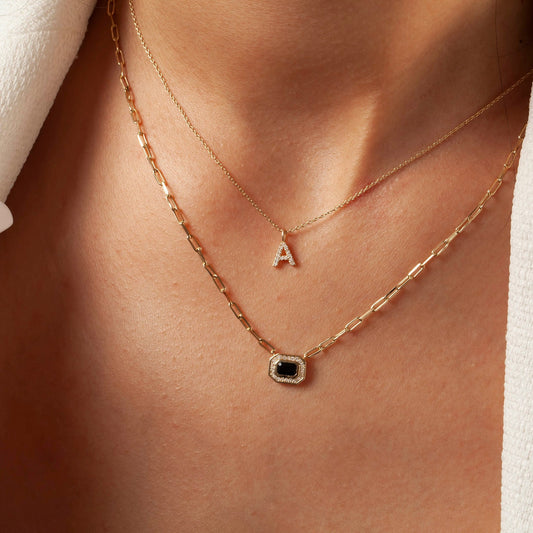 Diamond and Sapphire Necklace / 14k Gold Blue Sapphire and Diamond Art Deco Necklace / Fancy Diamond necklace / Octagon Shape Necklace