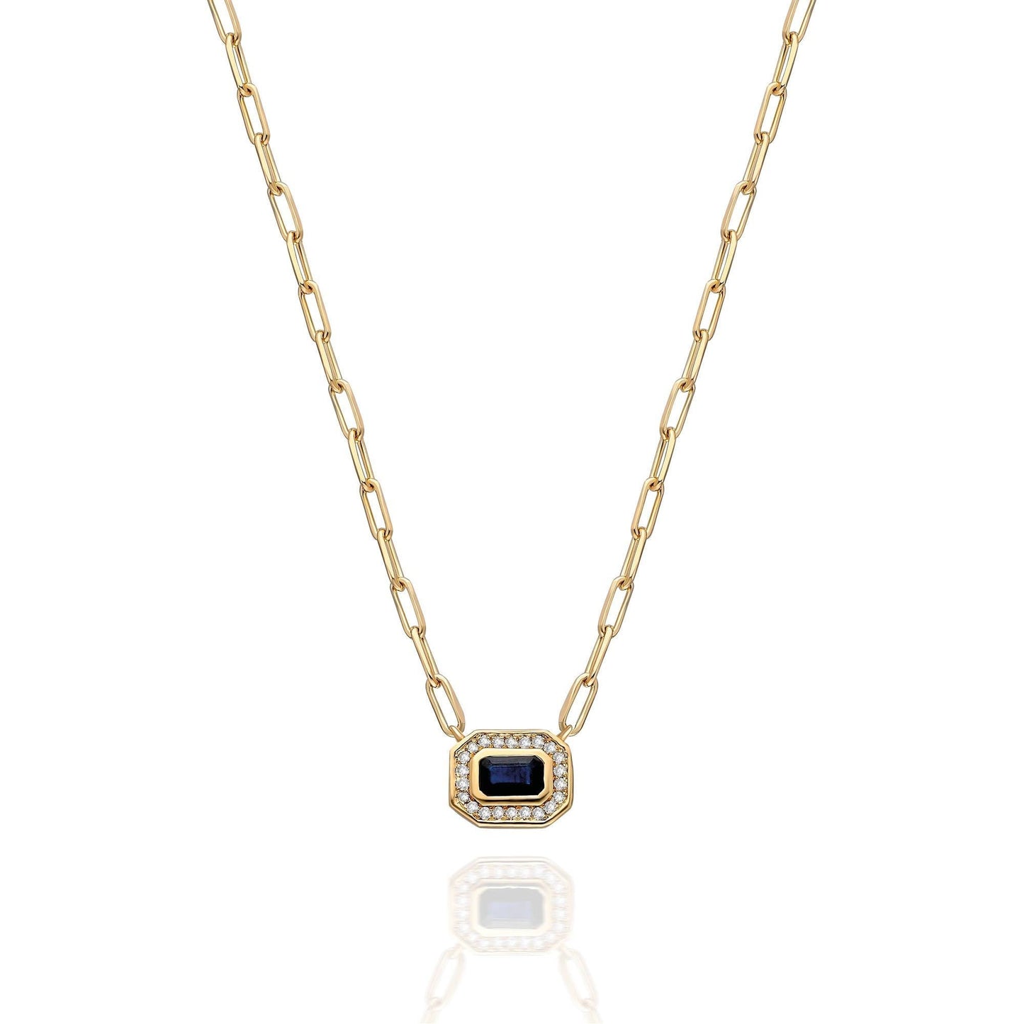 Diamond and Sapphire Necklace / 14k Gold Blue Sapphire and Diamond Art Deco Necklace / Fancy Diamond necklace / Octagon Shape Necklace