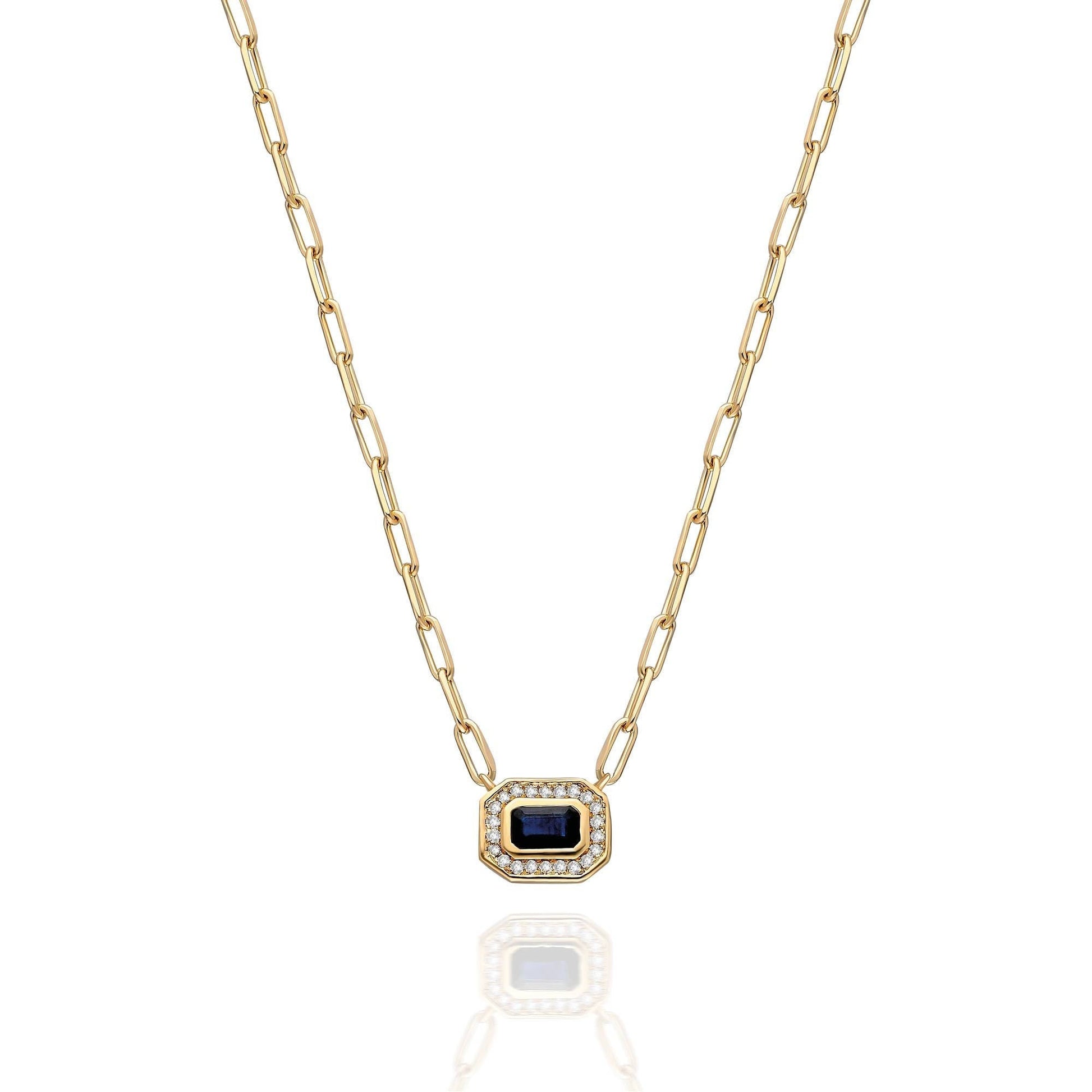 Diamond and Sapphire Necklace / 14k Gold Blue Sapphire and Diamond Art Deco Necklace / Fancy Diamond necklace / Octagon Shape Necklace