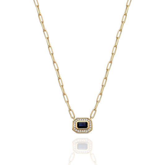 Diamond and Sapphire Necklace / 14k Gold Blue Sapphire and Diamond Art Deco Necklace / Fancy Diamond necklace / Octagon Shape Necklace