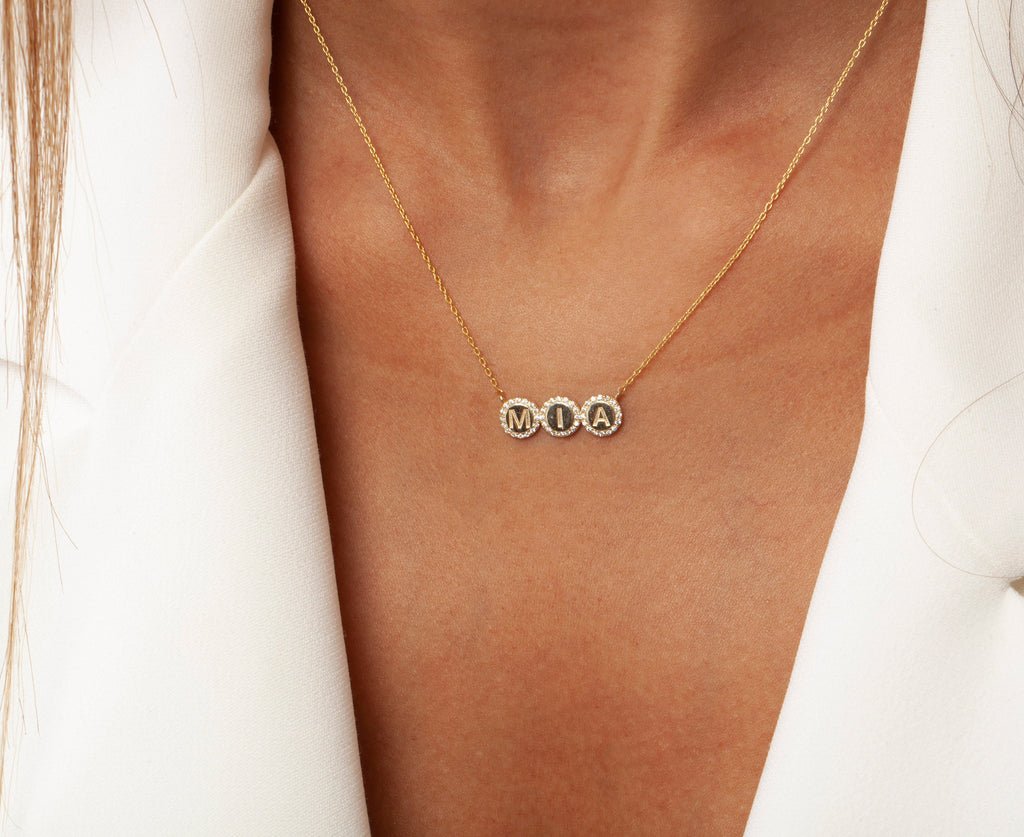 Pave Disc Diamond Initial Name Necklace