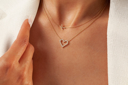 14k Gold and Solitaire Heart Diamond Necklace