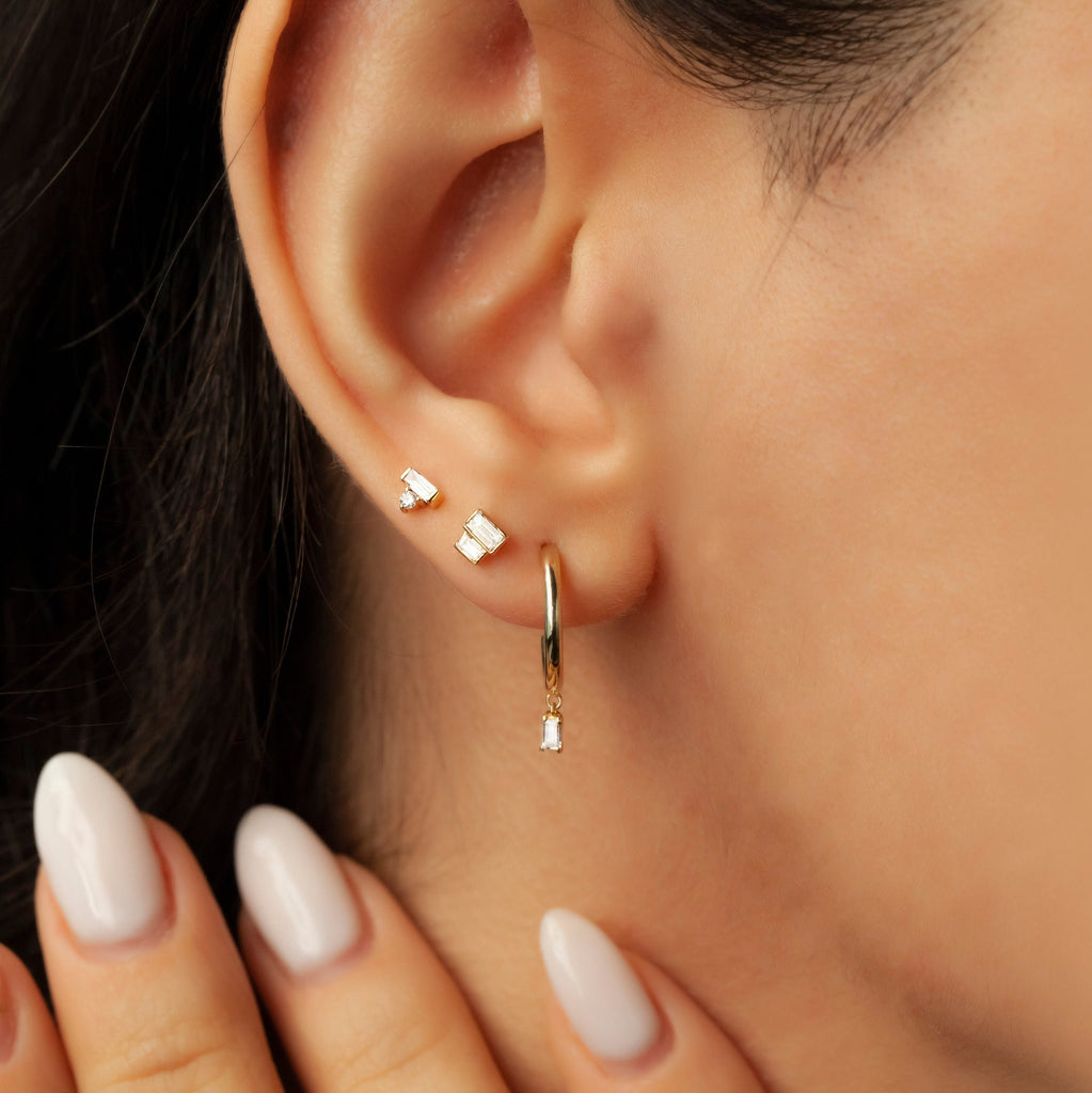 Dangling Baguette Hoop Earrings / 14k Gold Dangling Baguette Diamond Hoop Earrings / Baguette Huggies / Birthday Gift