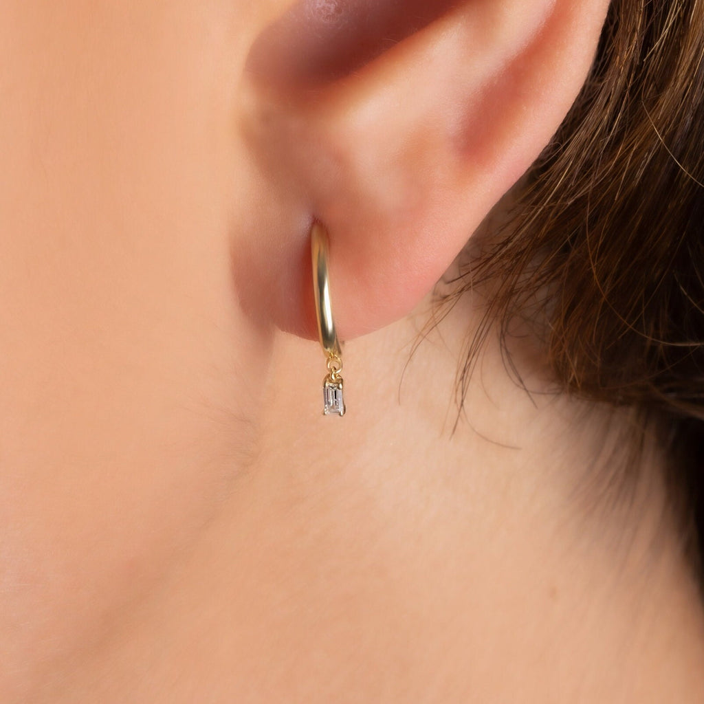 Dangling Baguette Hoop Earrings / 14k Gold Dangling Baguette Diamond Hoop Earrings / Baguette Huggies / Birthday Gift