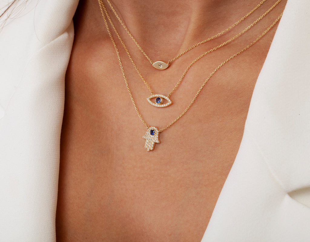 14k Gold Diamond Evil Eye Necklace: Solitaire Protection Charm / Gift for Graduation Engagement Birthday