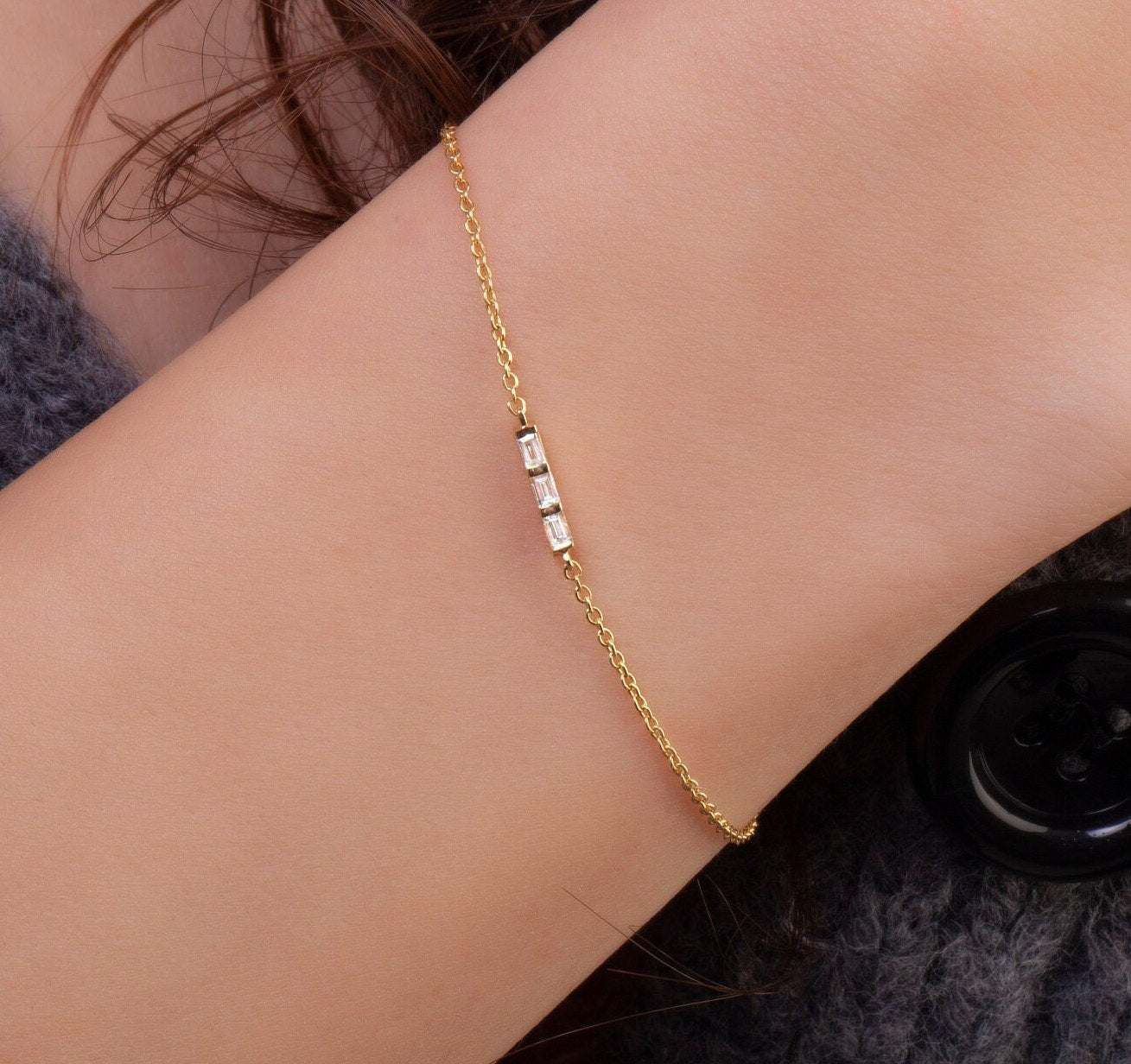 Diamond Bar Bracelet / 14k Gold and Baguette Diamond Bar Bracelet / Dainty Diamond Bracelet / Holiday Gift